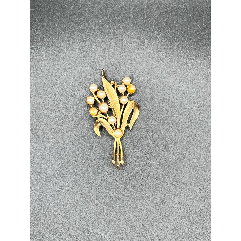 Gold‎ Tone Bouquet Brooch Faux Pearls Women Fashion Jewelry Ethereal Whimsy Vtg